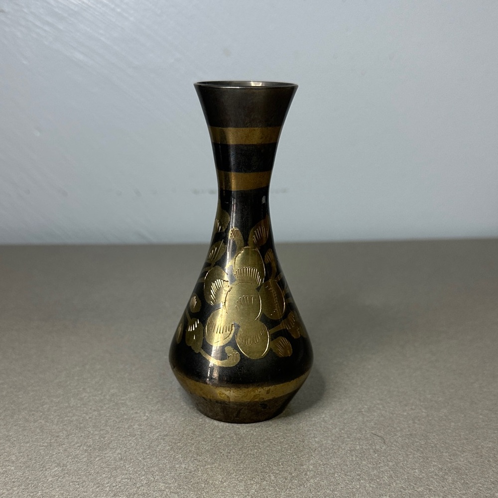 Artisan Gold and Black Etched Floral Vase